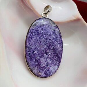 Huge Purple Charoite Sterling Silver Pendant Oval Slab 3" Long 26.4g